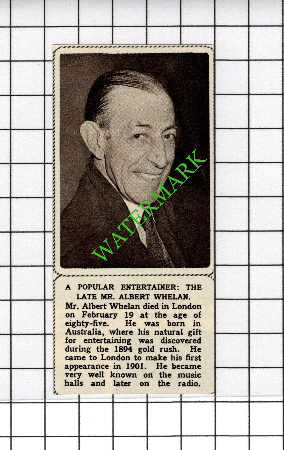 Mr Albert Whelan Obituary - 1961 SMALL Cutting