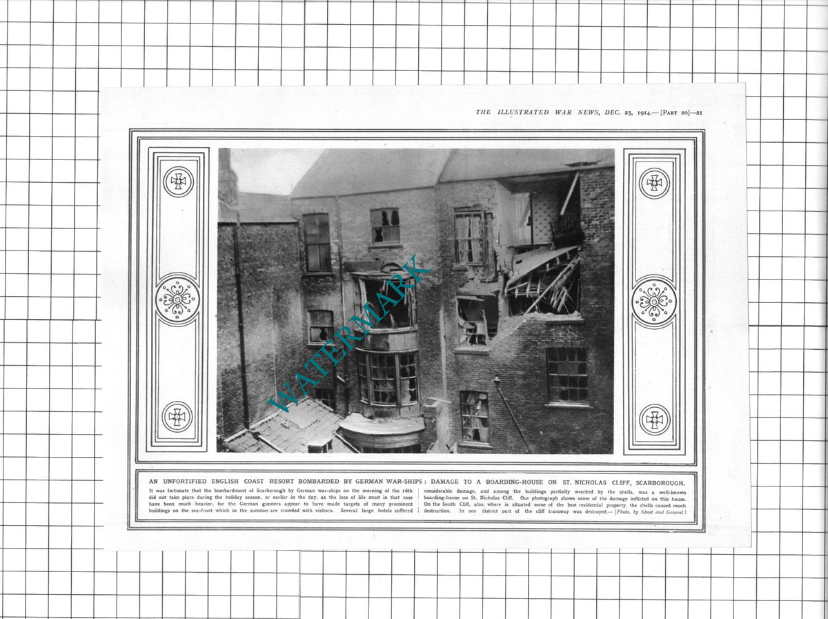 Scarborough St Nicholas Cliff German Bombing WW1 - 1914 Clipping / Print
