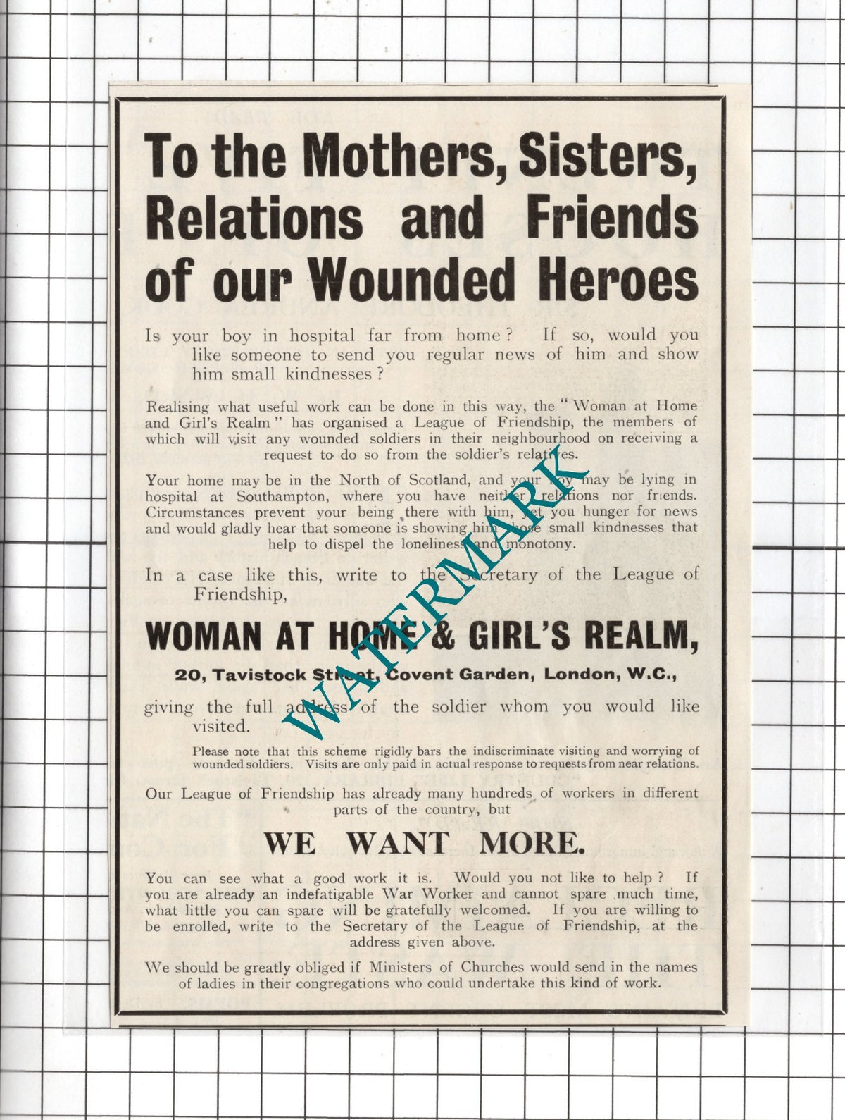 Woman At Home & Girl's Realm League Of Friendship World War One WW1 -1916 Advert