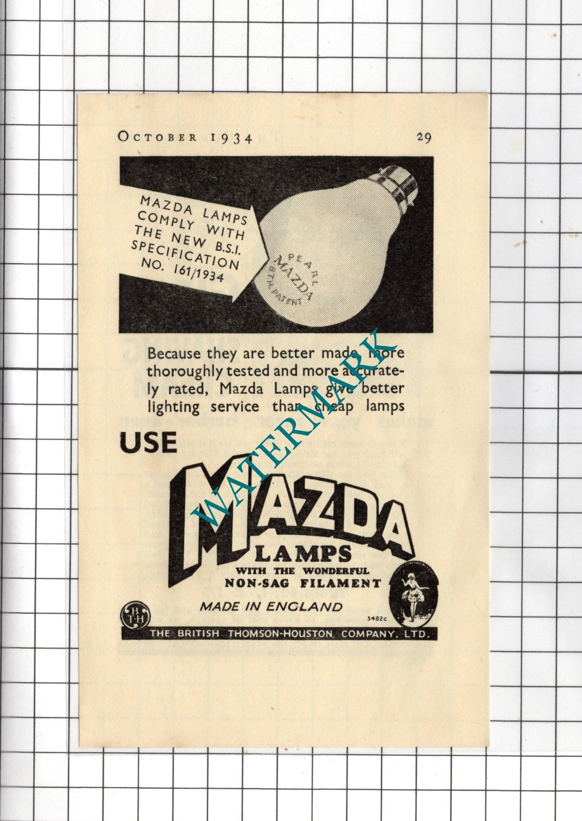 Mazda Lamps Light Bulbs British Thomson-Houston Co Ltd - 1934 Small Advert