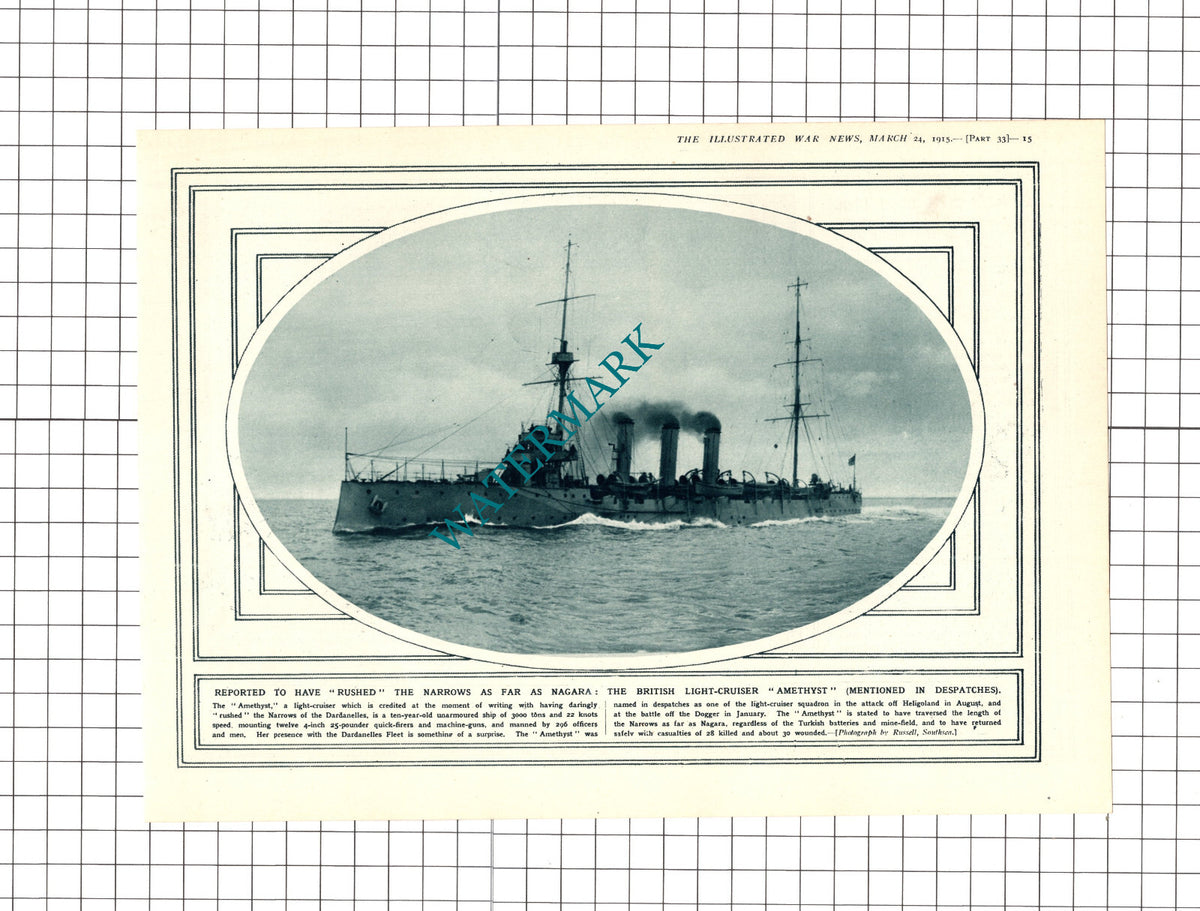 British Light Cruiser Ship AMETHYST WW1 Great War - 1915 Clipping / Print