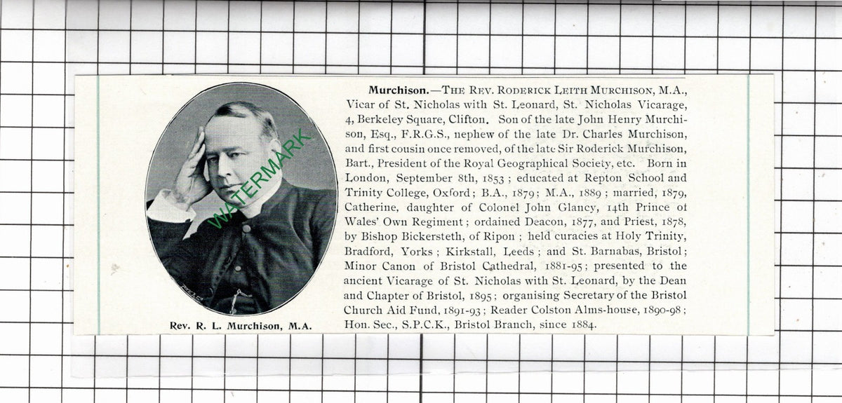 Rev Roderick Leith Murchison London Clifton Bristol - 1898 Clipping