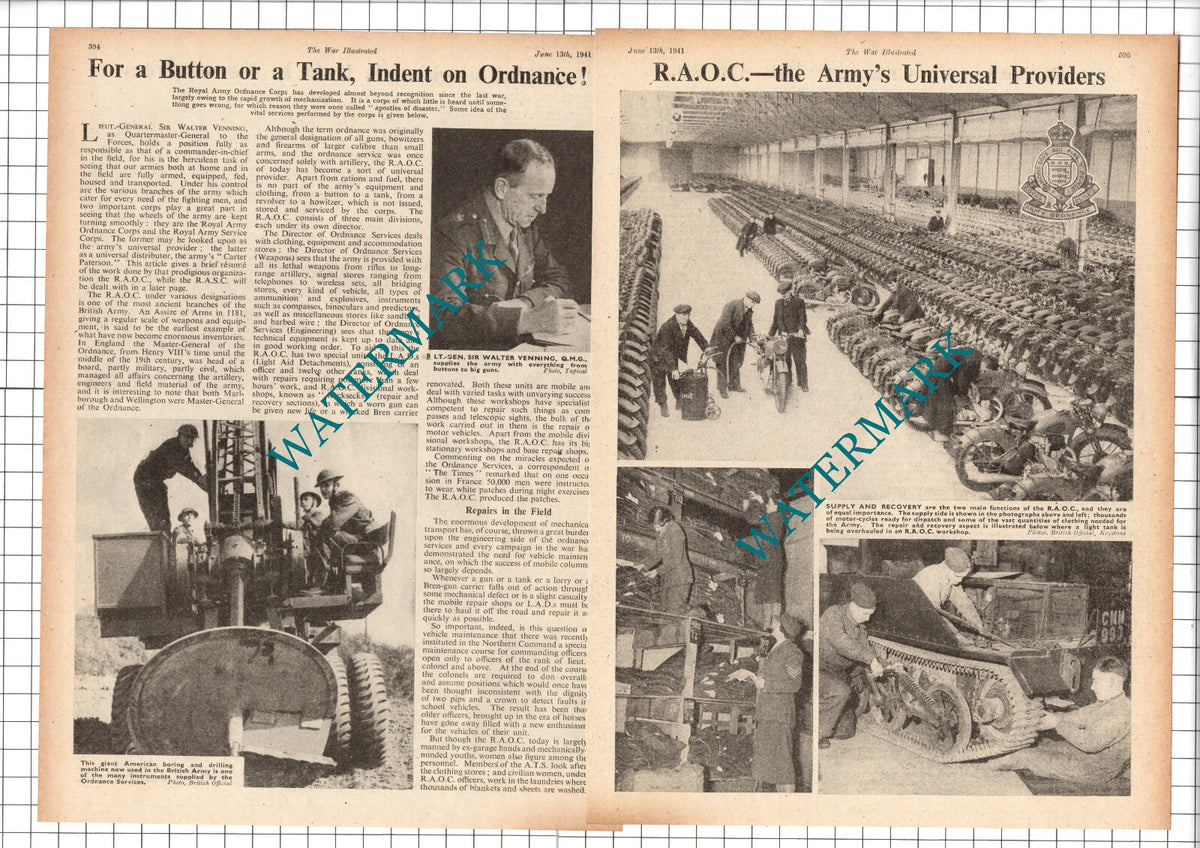 RAOC Royal Army Ordnance Corps Sir Walter Venning - 1941 2-Part Clipping
