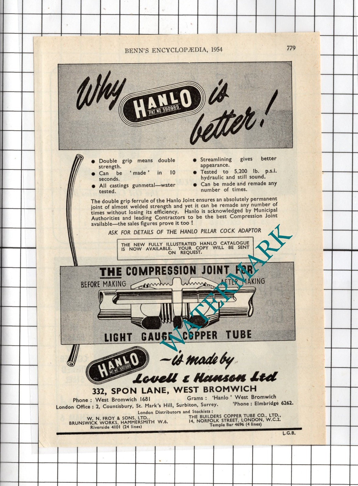Lovell & Hanson Ltd West Bromwich Hanlo - 1954 Advert
