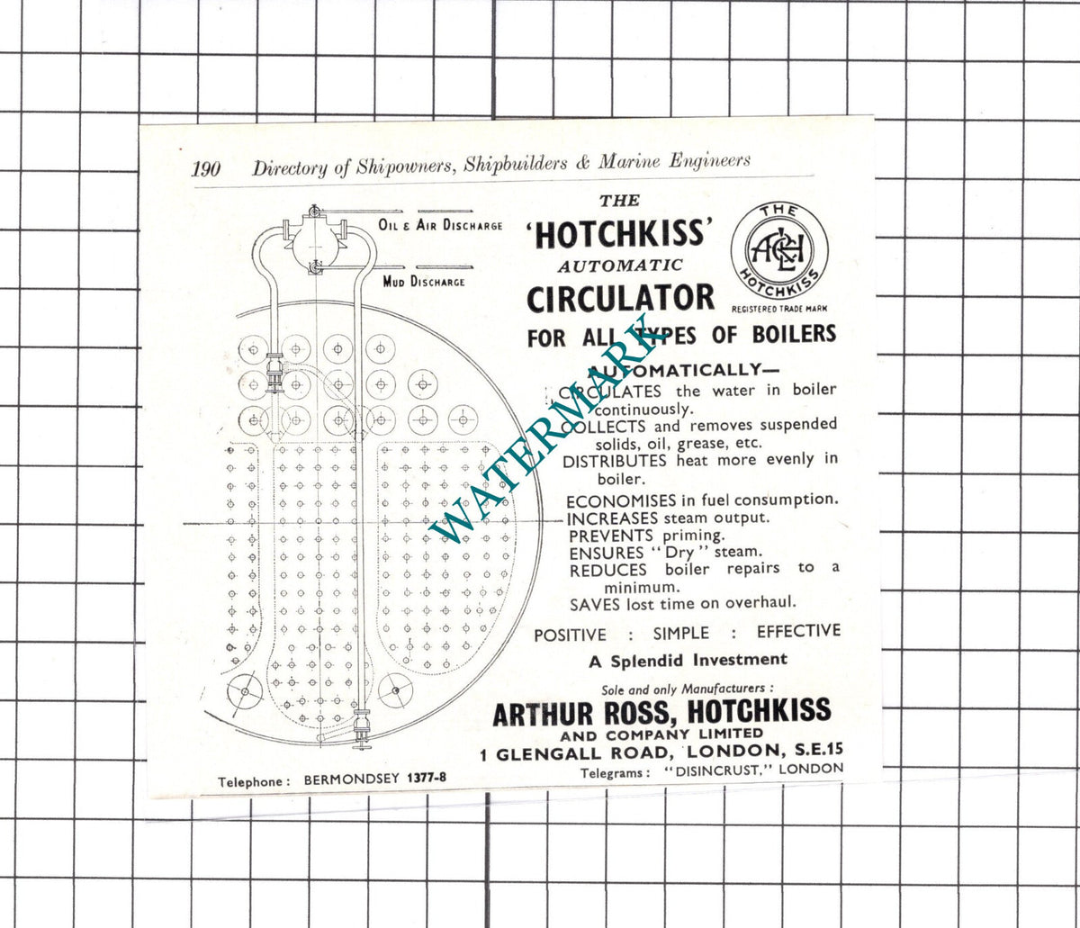 Arthur Ross Hotchkiss & Co Ltd London - c.1957 SMALL ADVERT