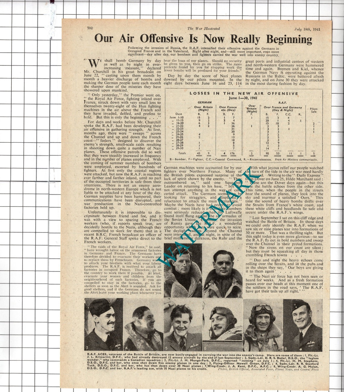 RAF Aces Kilmartin Bader Newell Orton Stanford Tuck Malan WW2 - 1941 Clipping