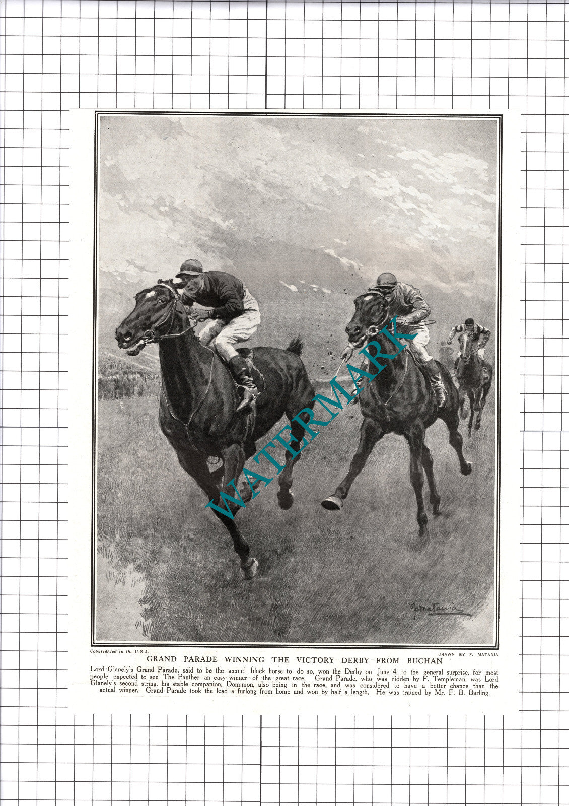 GRAND PARADE Race Horse Buchan Lord Glanely Mr F B Barling -1919 Cutting/ Print