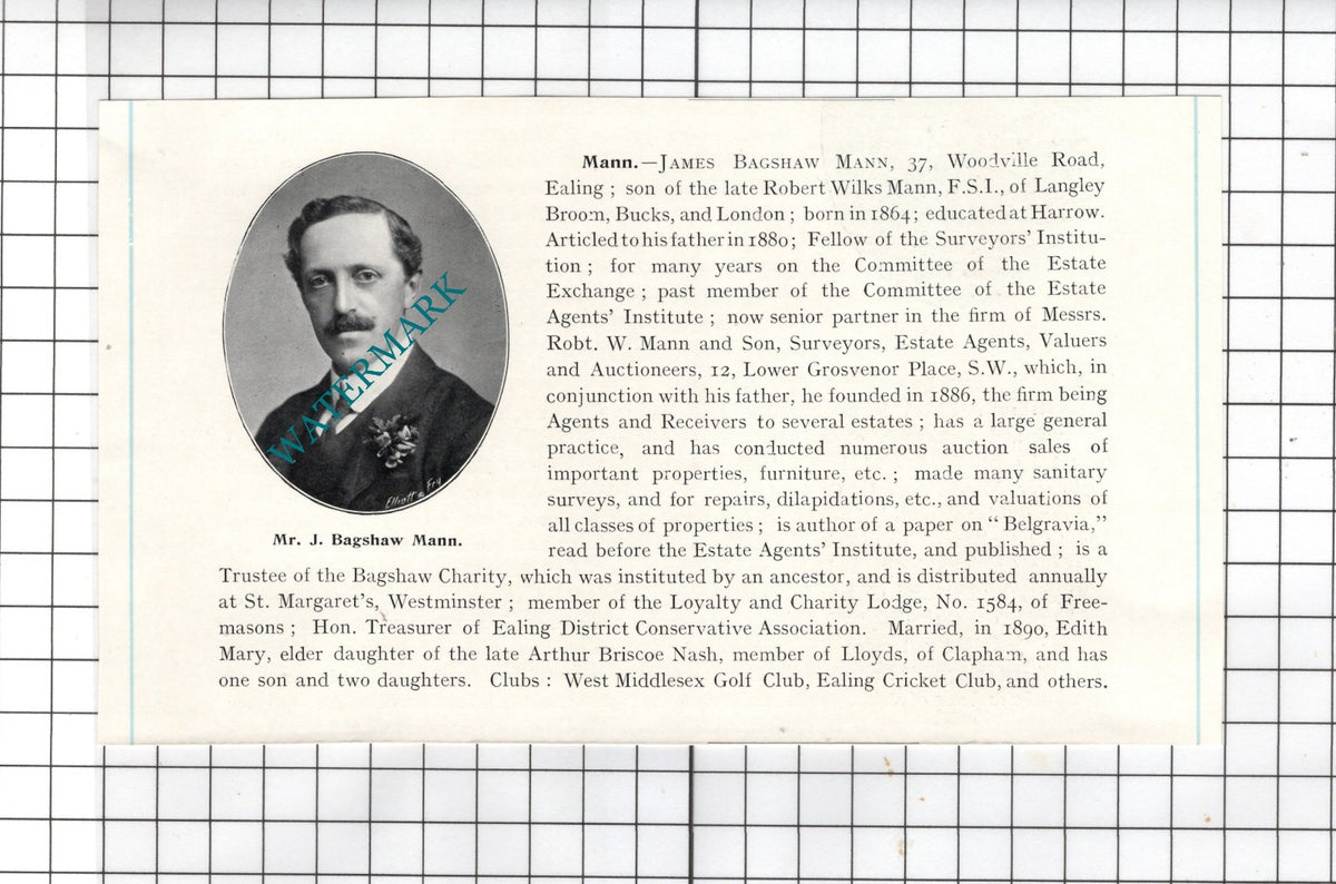 Mr James Bagshaw Mann 37 Woodville Road Ealing London - c.1905 Clipping
