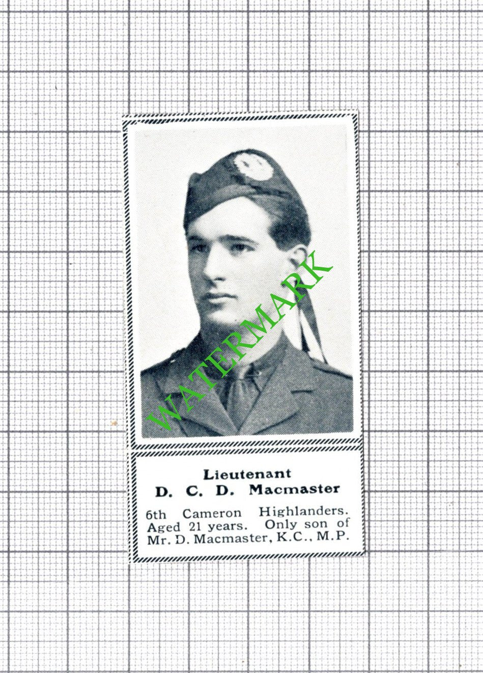 Lt DCD Macmaster 6th Cameron Highlanders WW1 - c.1918 SMALL Cutting