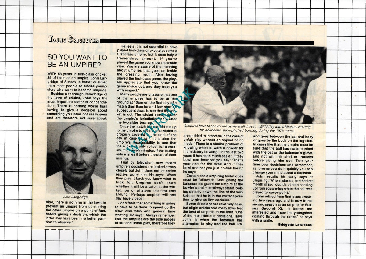 John Langridge Sussex Cricket Umpire - 1982 Clipping