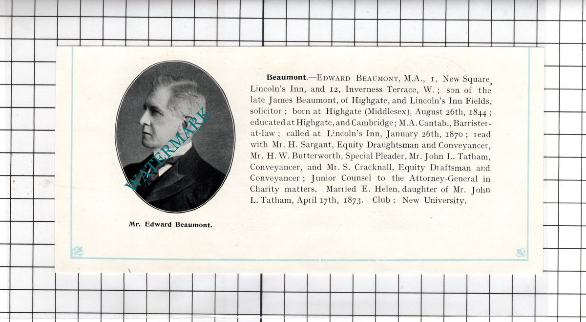 Mr Edward Beaumont Highgate Middlesex - c.1905 Clipping