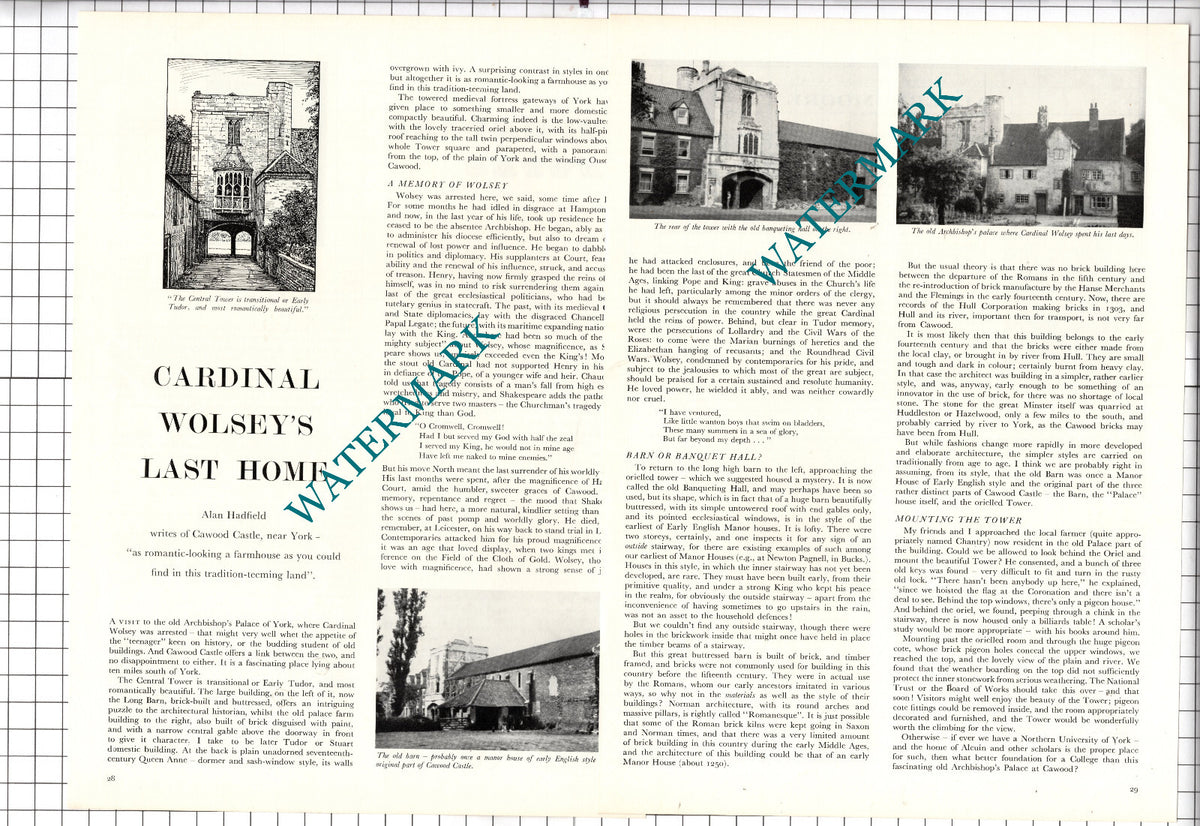 Cawood Castle Yorkshire Cardinal Wolsey - 1956 Article