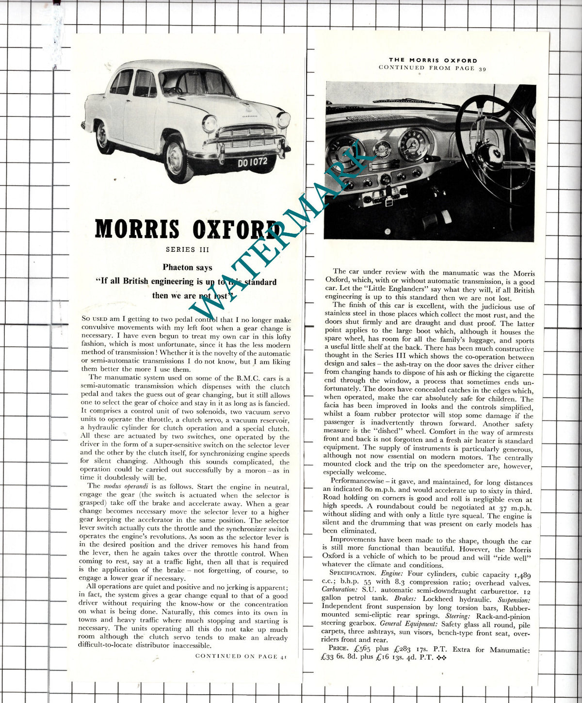 Morris Oxford Car Review - 1957 Two-Part Clipping