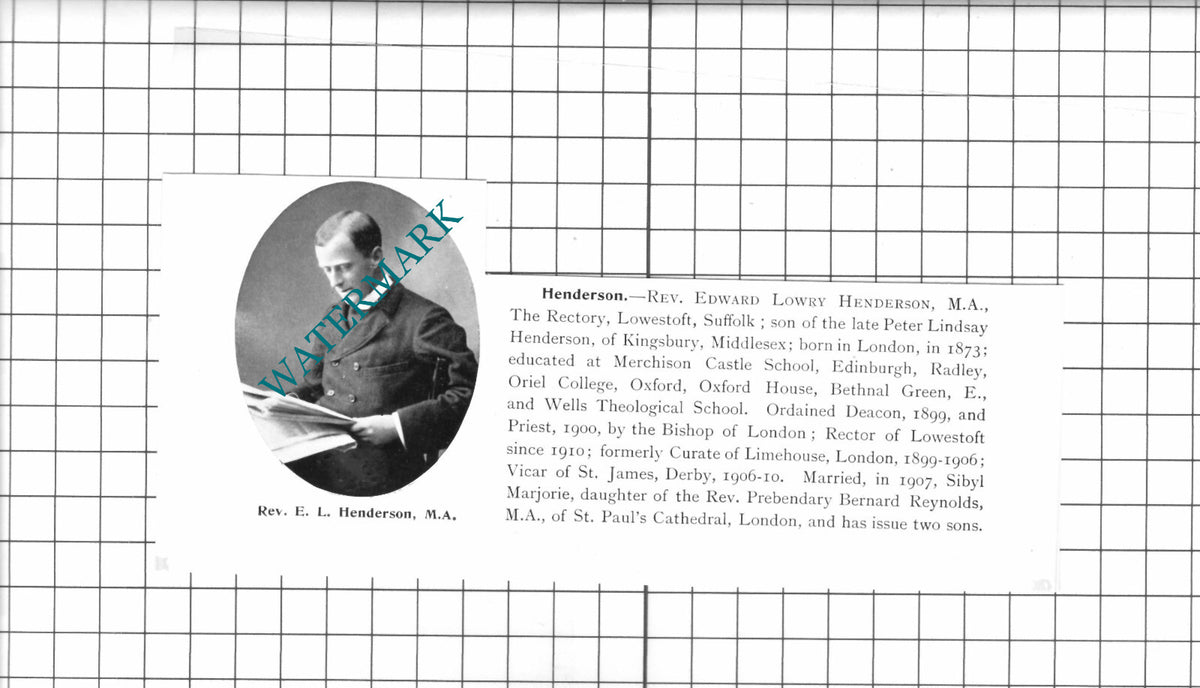 Rev Edward Lowry Henderson The Rectory Lowestoft Suffolk - 1911 Clipping
