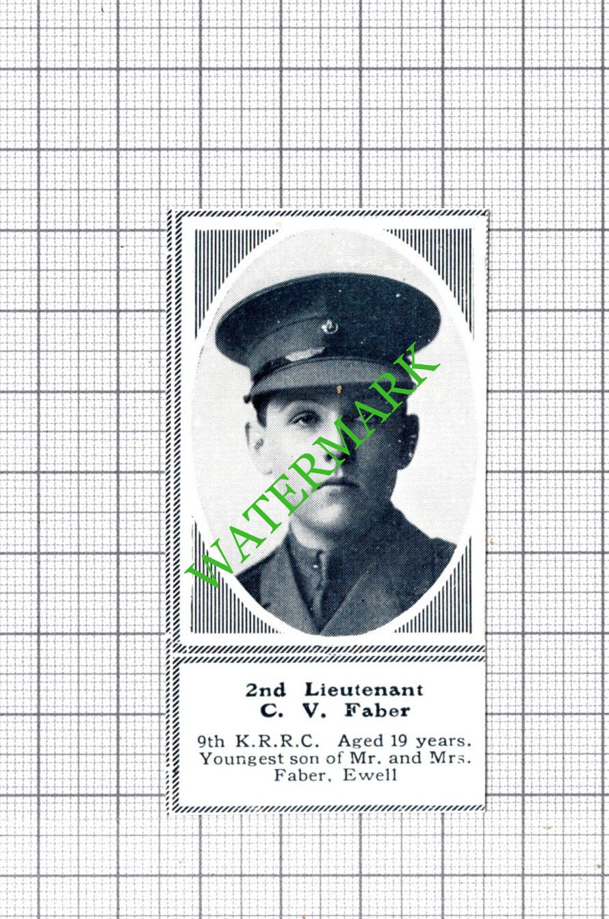 2nd Lt C V Faber 9th KRRC Ewell WW1 - c.1918 SMALL Cutting