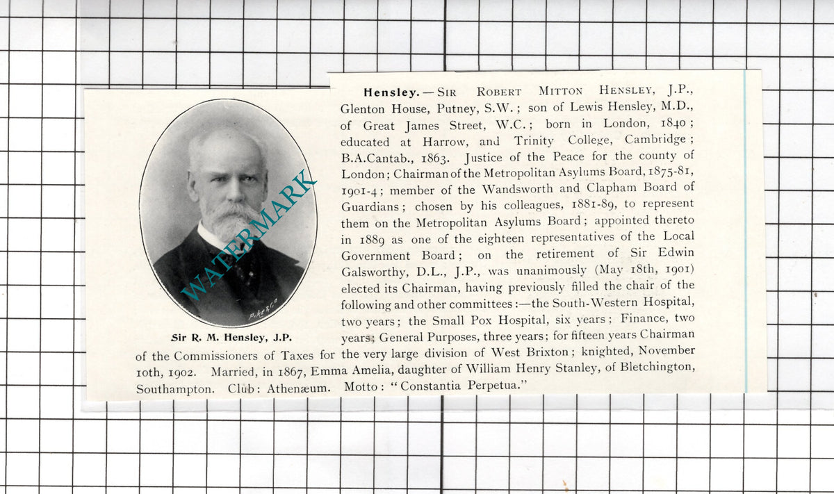 Sir Robert Mitton Hensley Glenton House Putney London - c.1905 Cutting