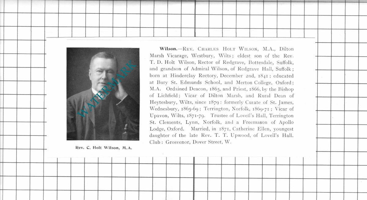 Rev Charles Holt Wilson Dilton Marsh Vicarage Westbury Wiltshire- 1911 Clipping