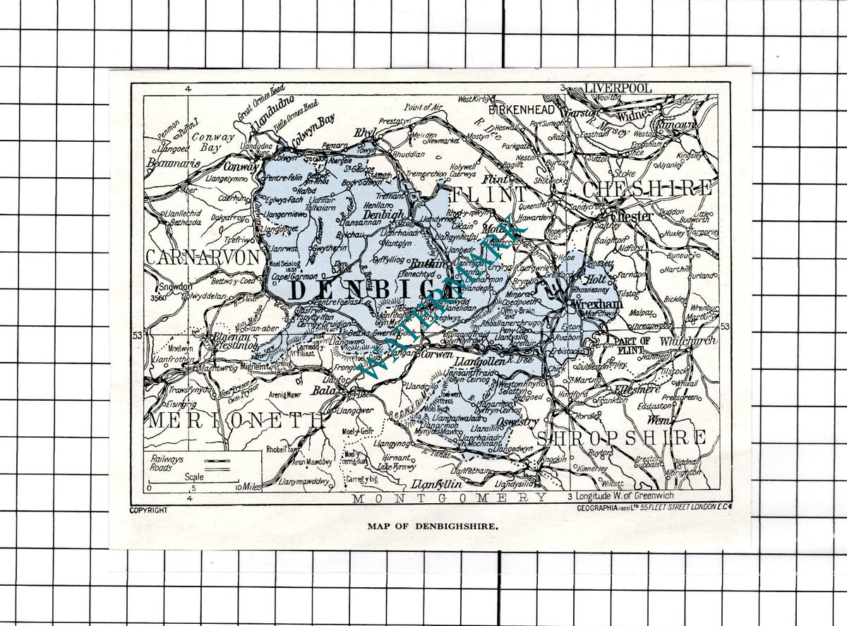 Denbighshire Map - c.1930s Small Clipping / Print