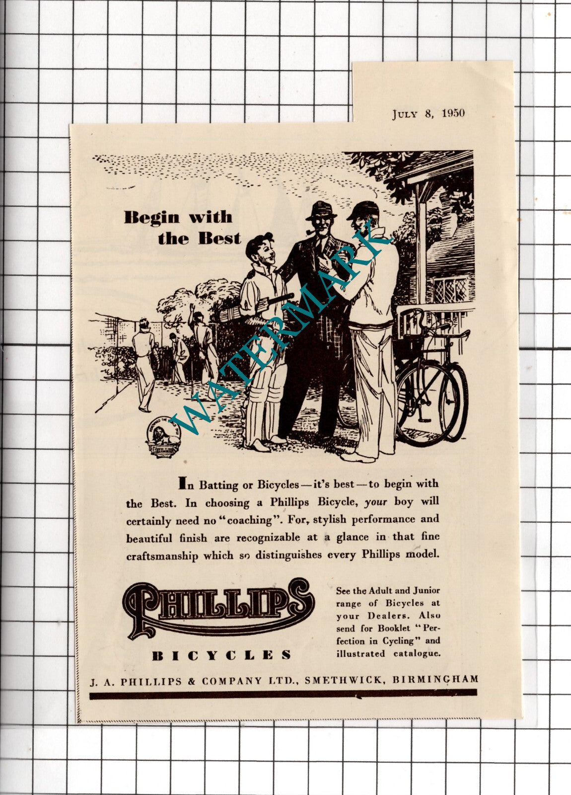 Phillips Bicycles J A Phillips & Co Birmingham Cricket - 1950 Small Advert