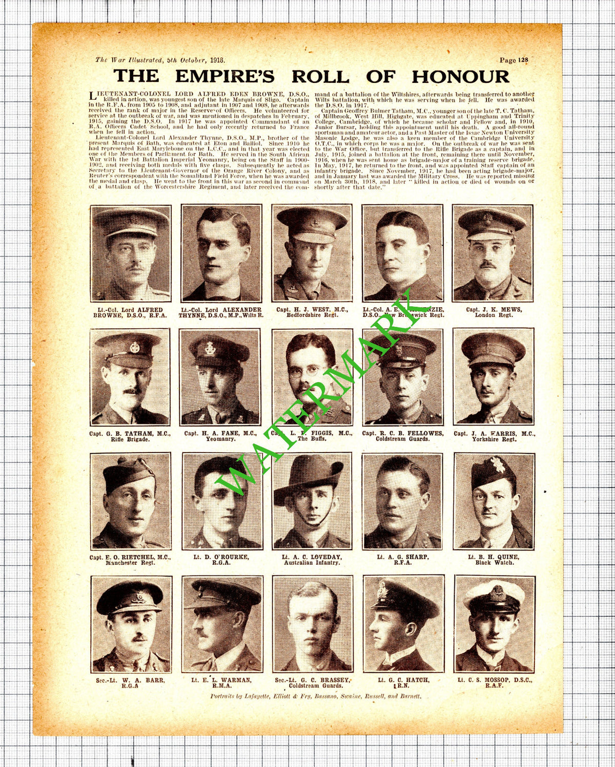 Lord Alfred Browne Alexander Thynne Geoffrey Tatham Quine WW1 - 1918 Cutting