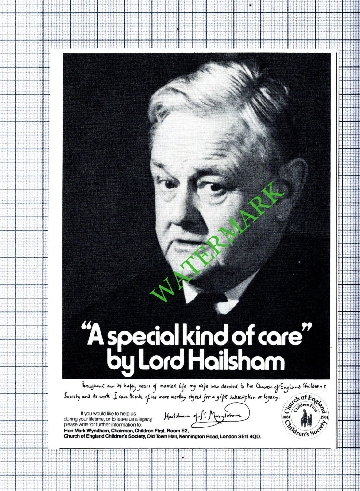 Lord Hailsham Children's Society Small Advert - 1981 Cutting
