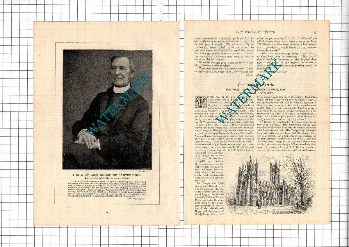 The Most Rev Frederick Temple Archbishop of Canterbury - 1897 Article