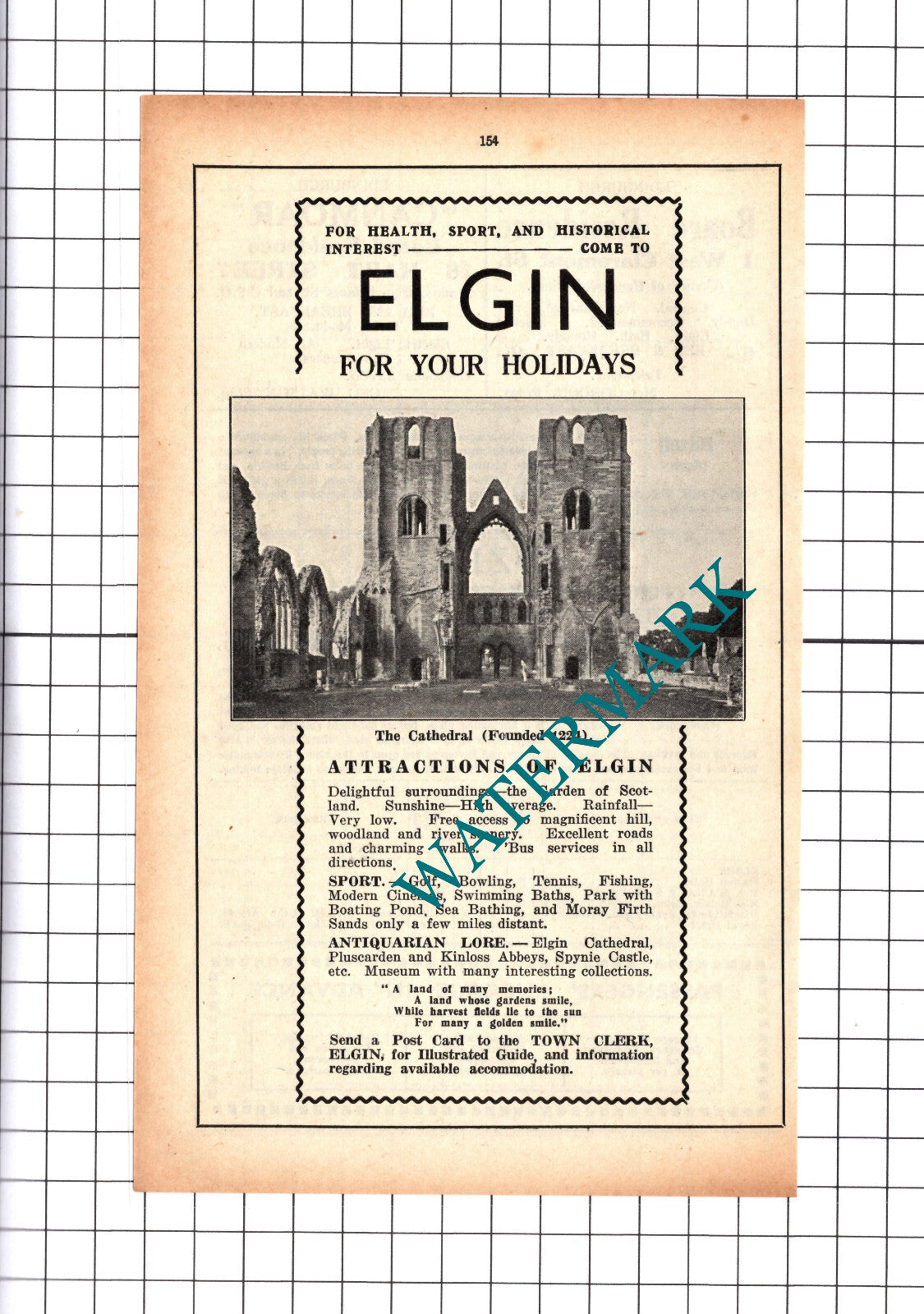 Elgin Scotland Holiday Advert - 1939 Cutting