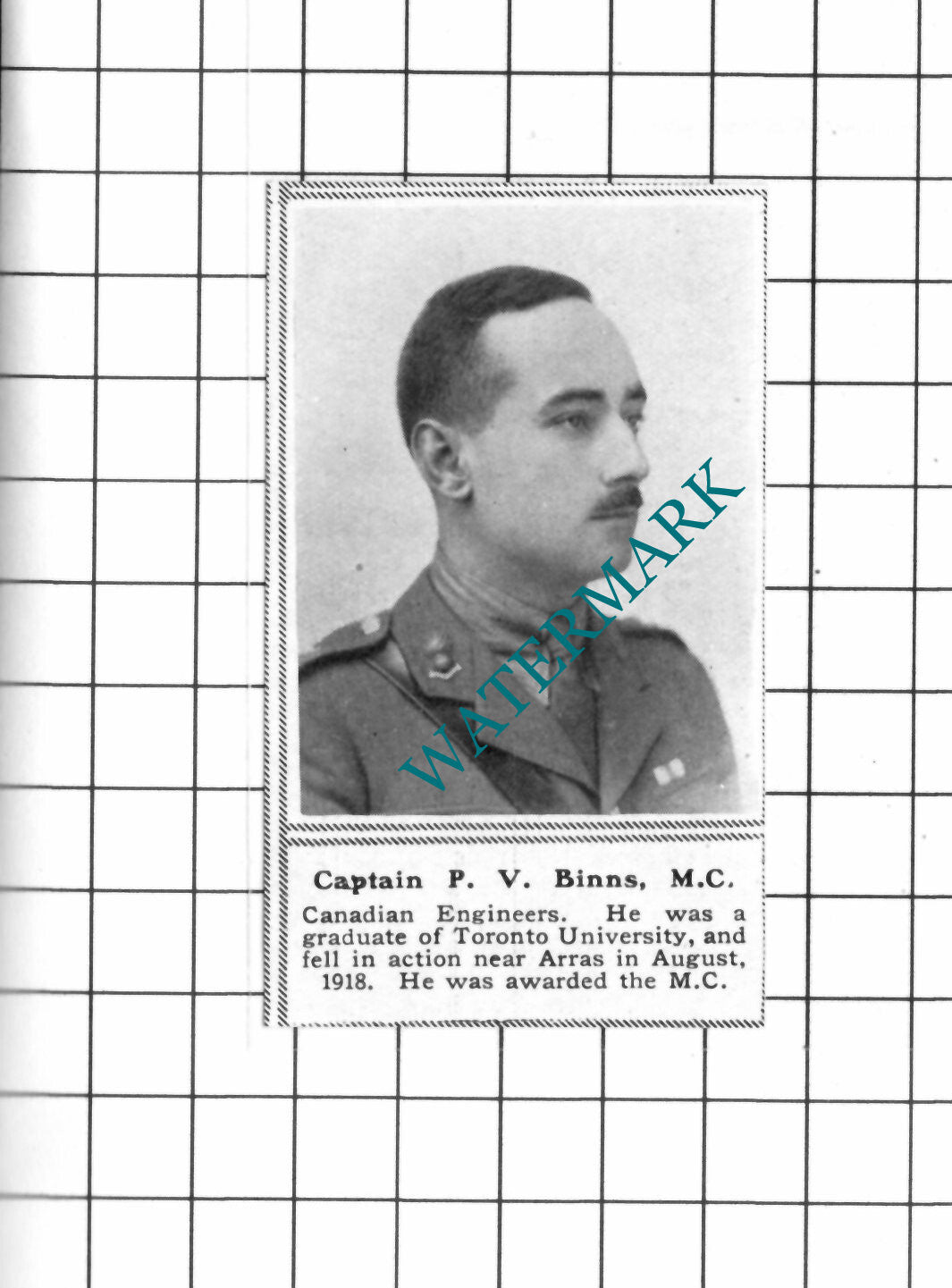 Captain P V Binns Canadian Engineers - c.1918 SMALL Clipping / Print