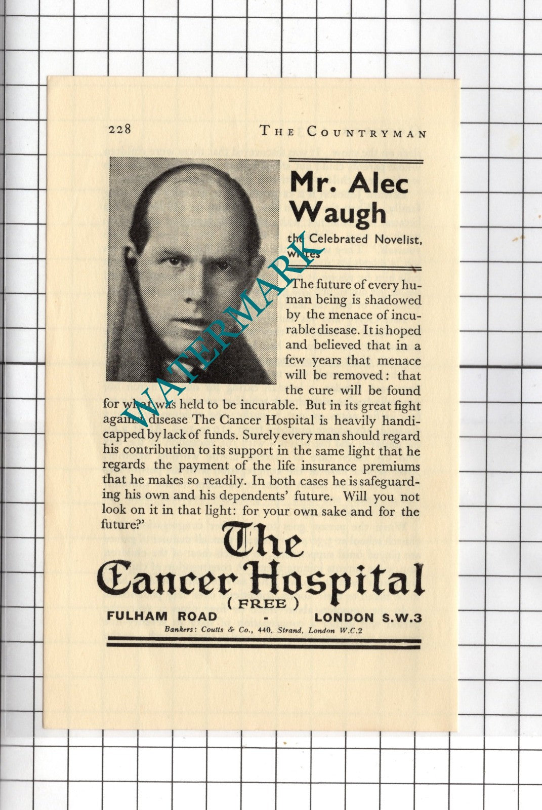 The Cancer Hospital London Appeal Mr Alec Waugh Novelist - 1934 Small Advert