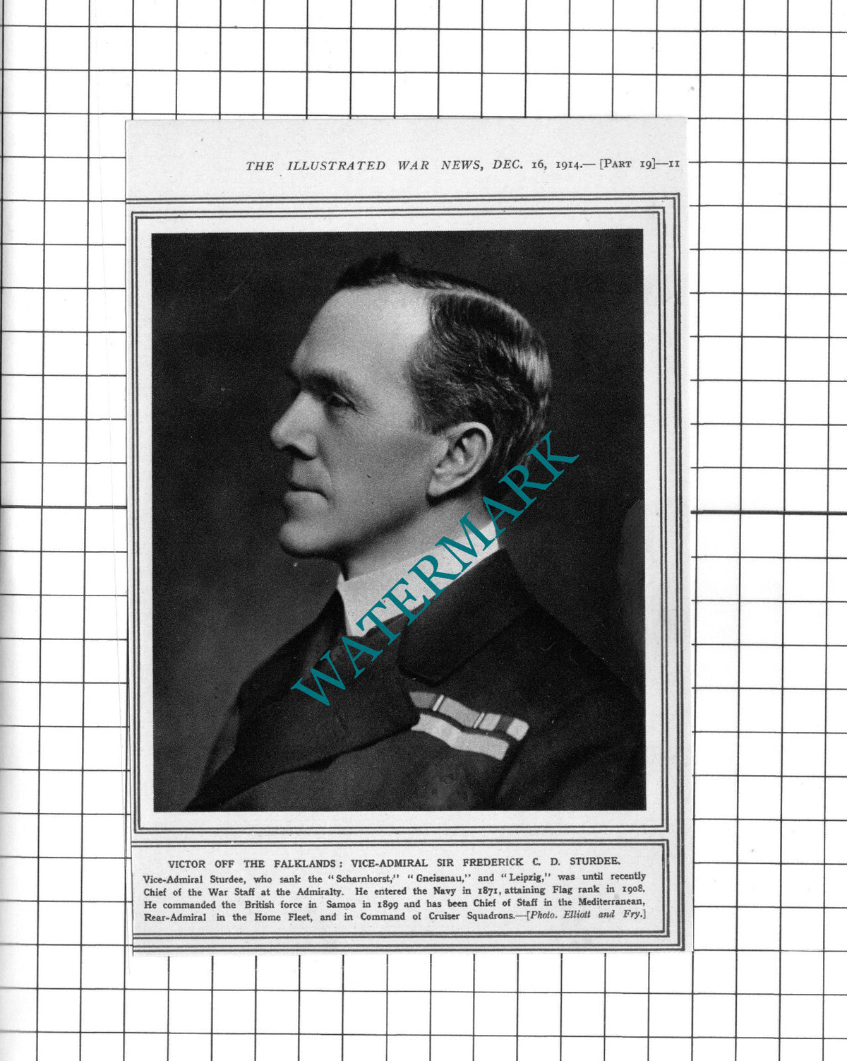 Vice Admiral Sir Frederick C D Sturdee WW1 - 1914 Clipping / Print