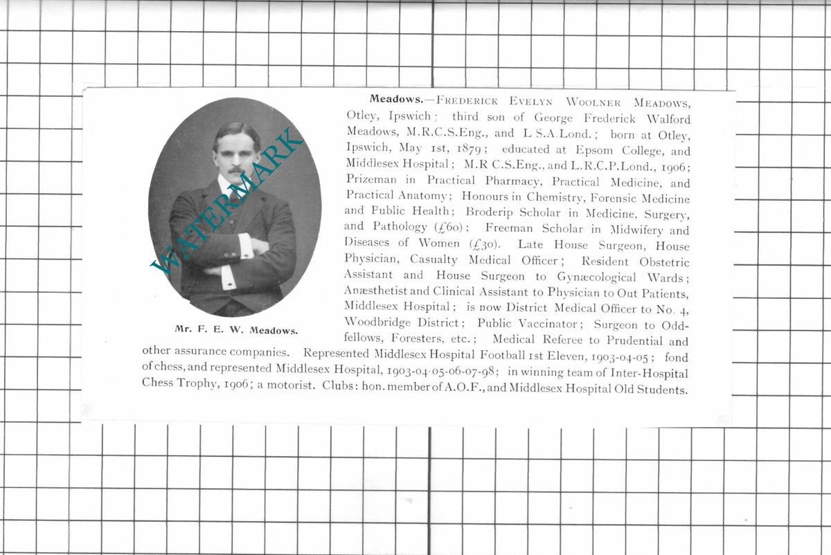 Mr Frederick Evelyn Woolner Meadows Otley Ipswich Suffolk - 1911 Clipping