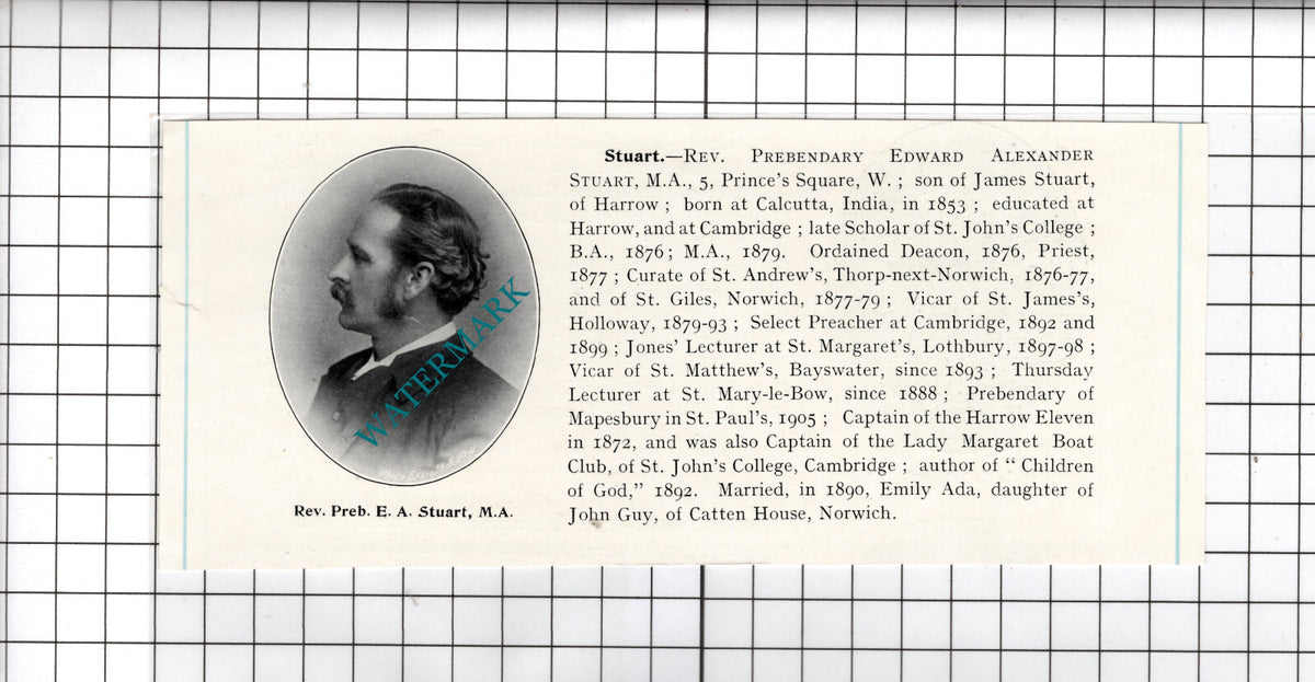 Rev Prebendary Edward Alexander Stuart Harrow London - c.1910 Cutting