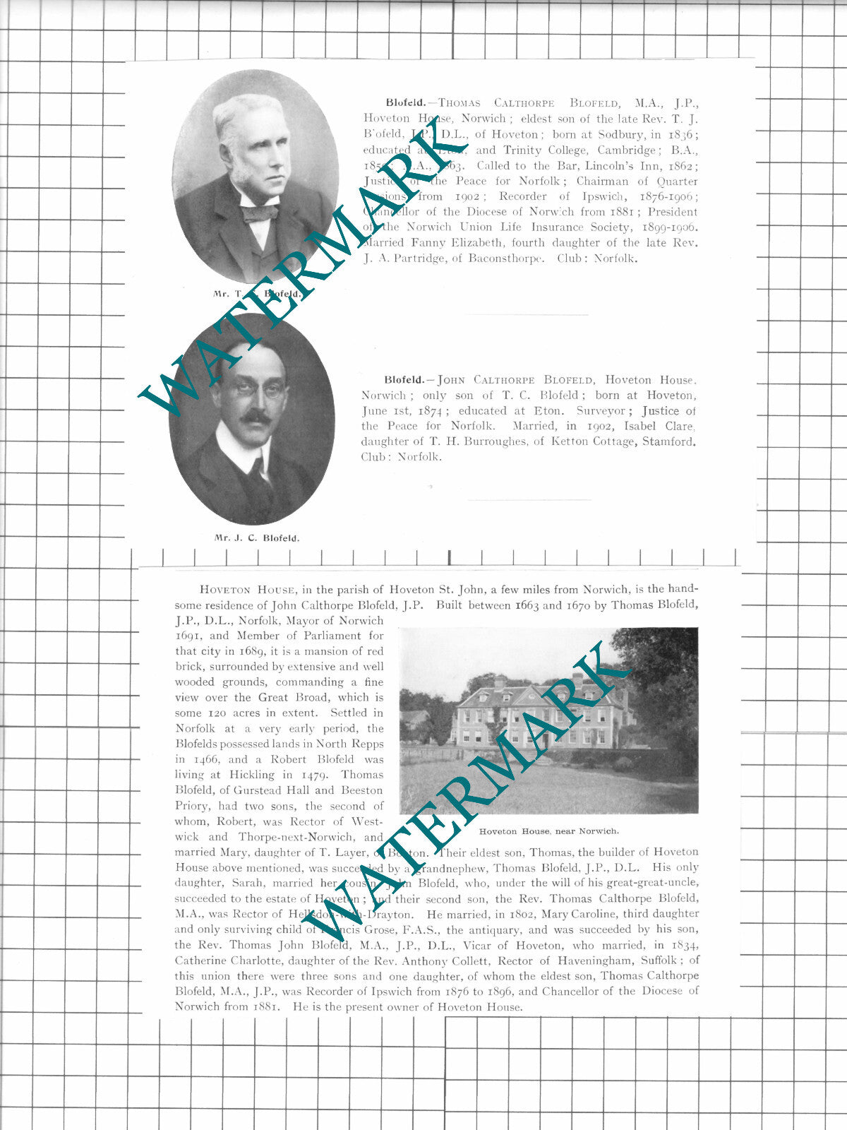 Thomas Calthorpe Blofeld Hoveton House Hoveton St John - 1911 Two-Part Clipping