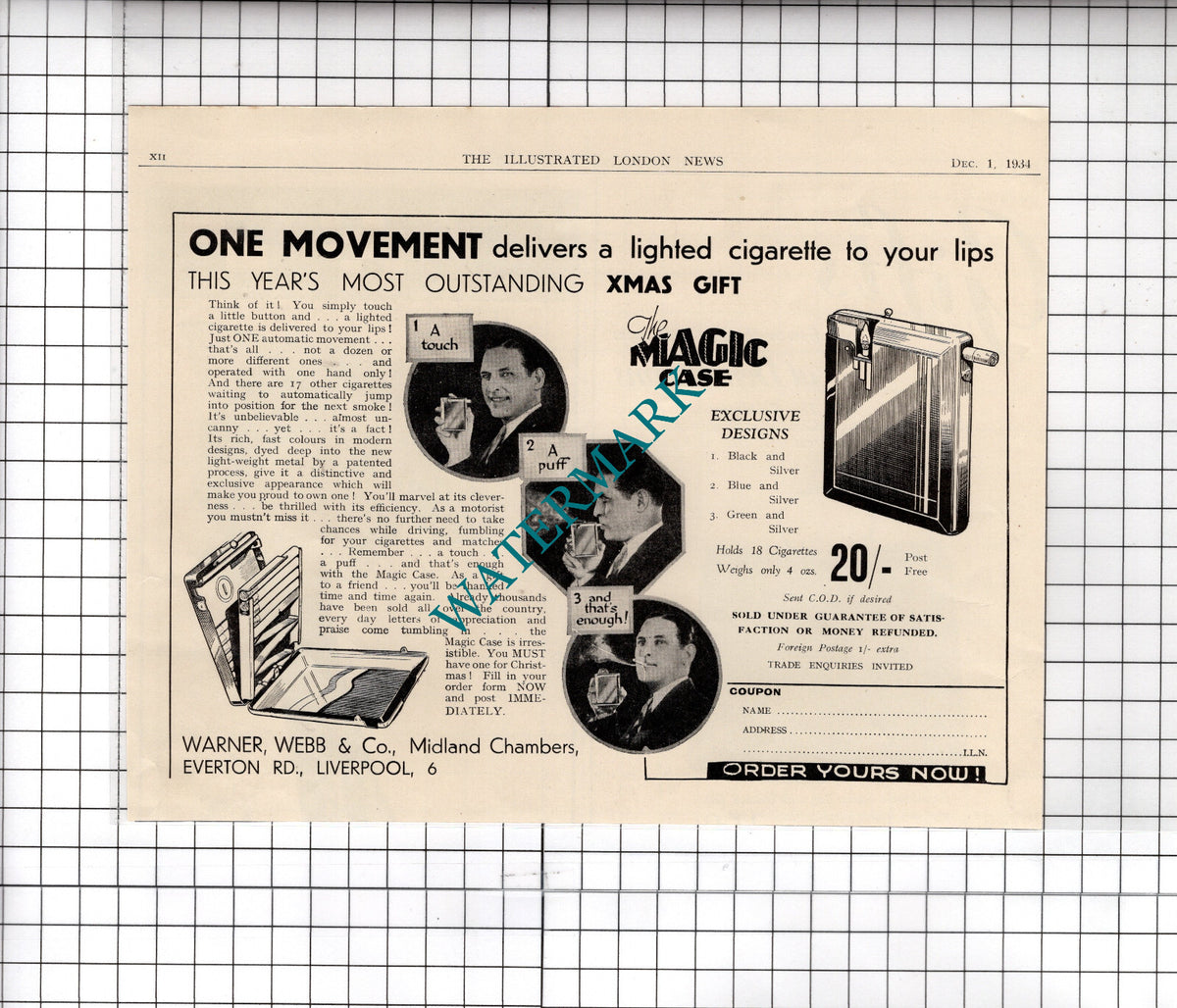 Warner Webb & Co Liverpool Magic Case ADVERT - 1934 Cutting / Print