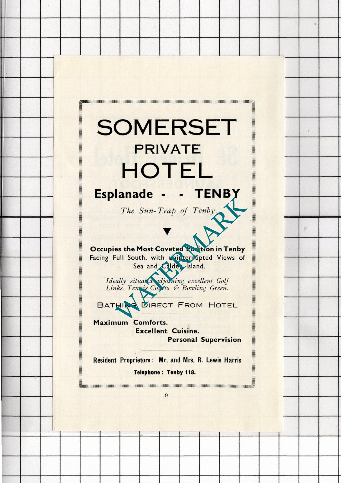 Somerset Hotel Tenby Wales R Lewis Harris Small Advert - 1936 Clipping