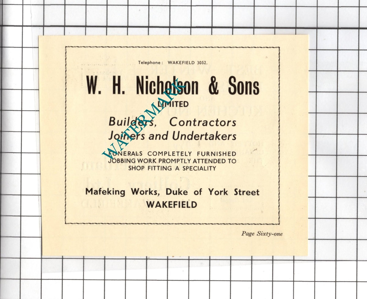 W H Nicholson & Sons Ltd Builders Mafeking Works Wakefield - 1939 SMALL Advert