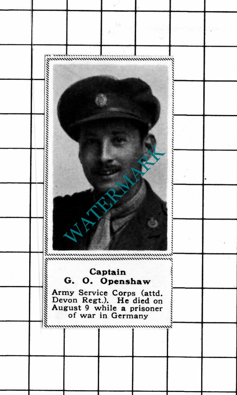 Captain G O Openshaw Army Service Corps WW1 - c.1918 SMALL Clipping / Print