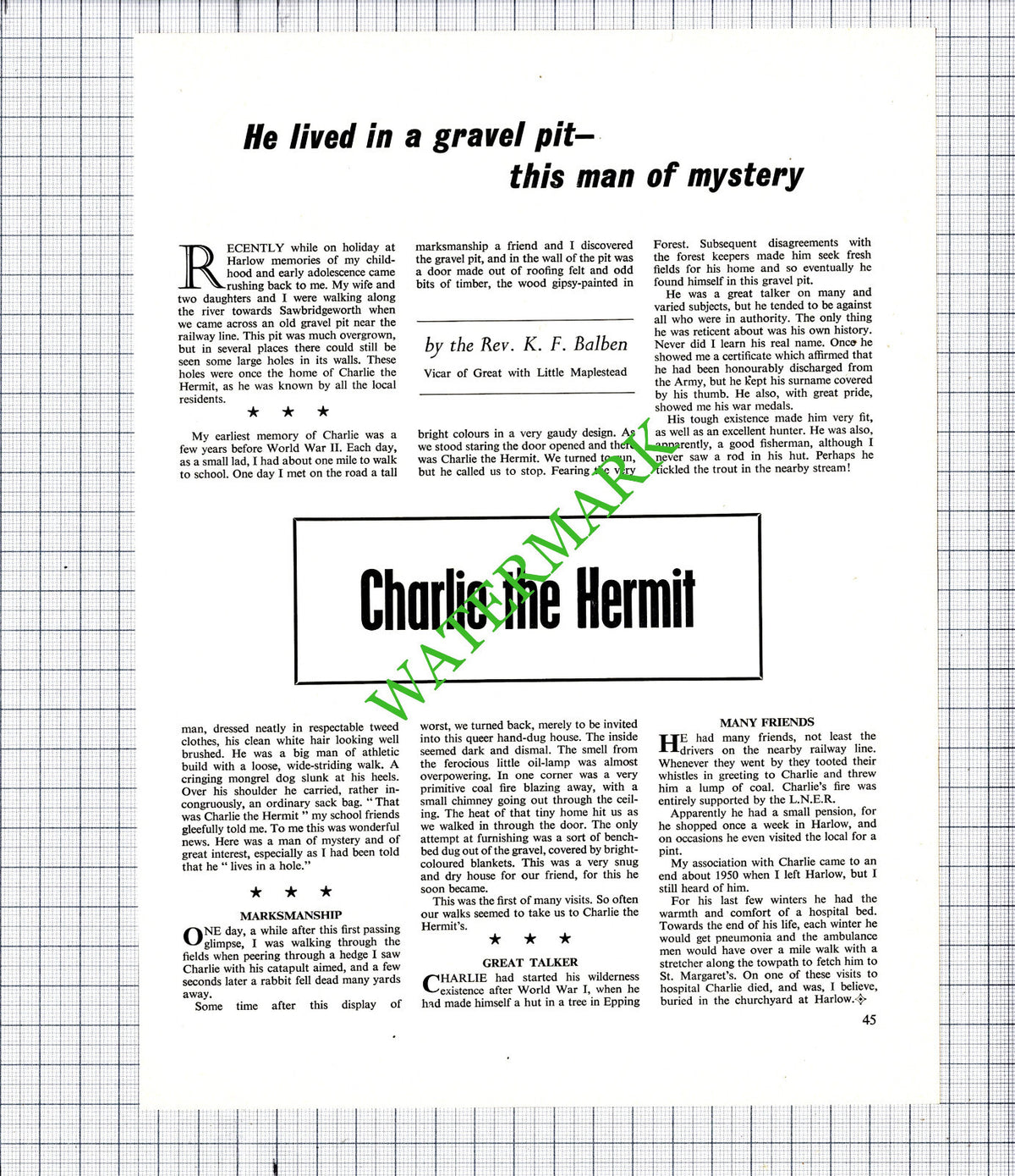 Rev K F Balben Charlie The Hermit Harlow Essex - 1969 Article