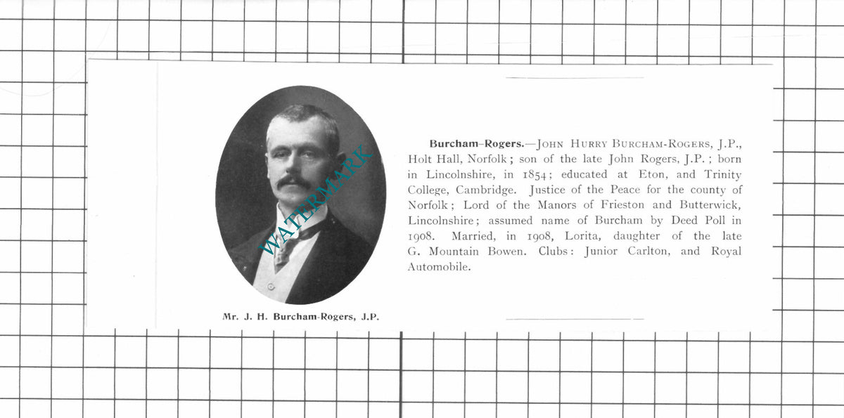 John Hurry Burcham-Rogers Holt Hall Norfolk - 1911 Clipping