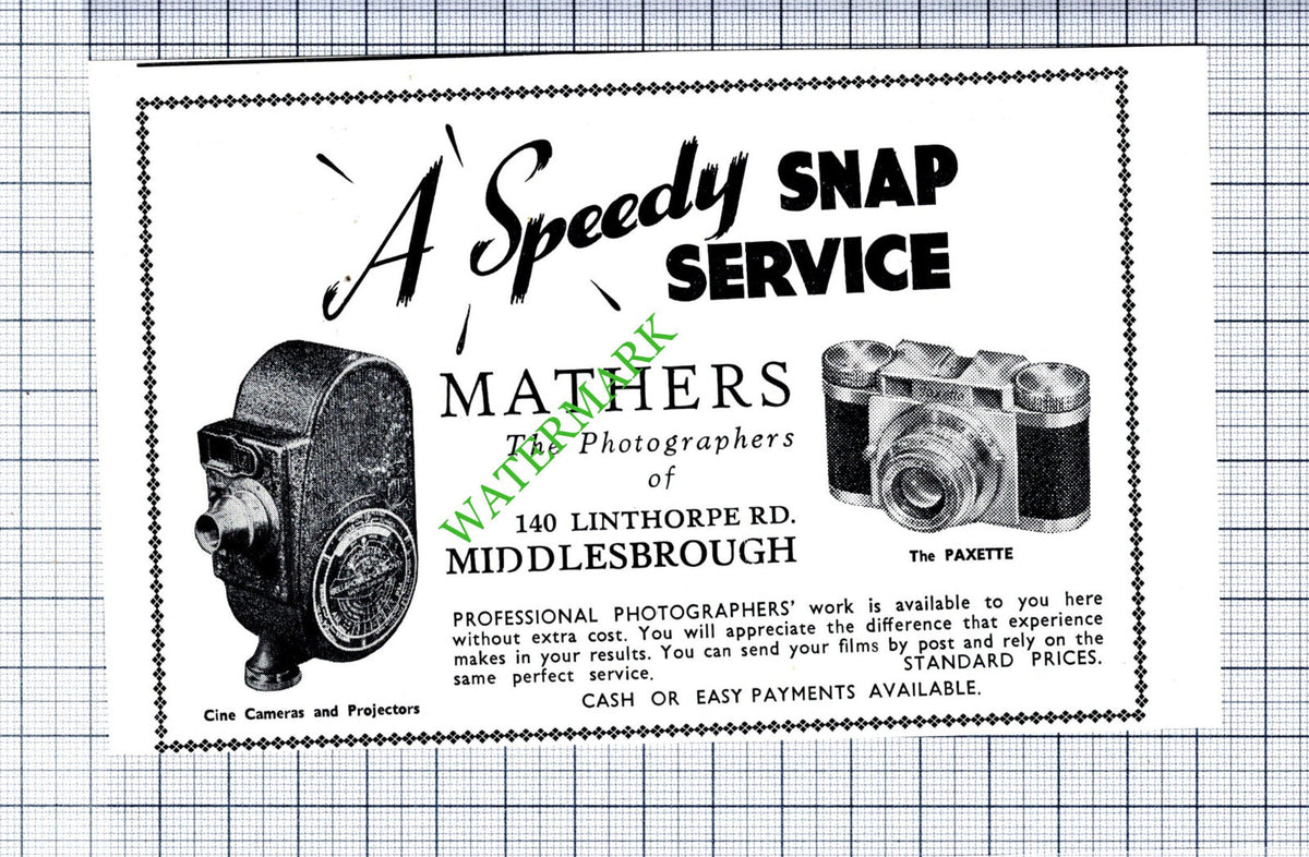 Mathers Photographers Middlesbrough Small Advert - 1953 Cutting