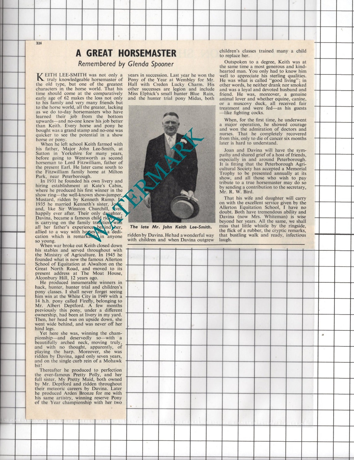 Mr John Keith Lee-Smith Allerton School Of Equitation Obituary - 1965 Clipping