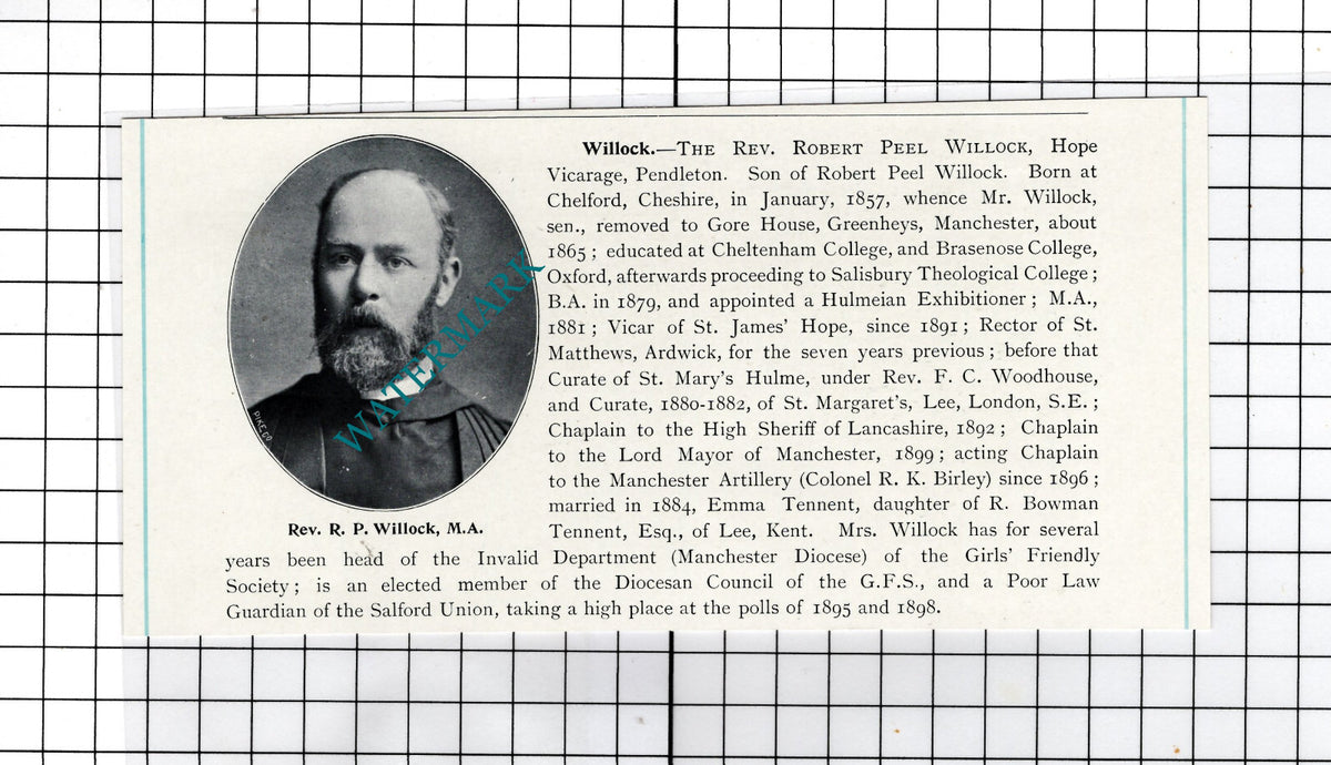 The Rev Robert Peel Willock Hope Vicarage Pendleton Manchester - c.1900 Cutting
