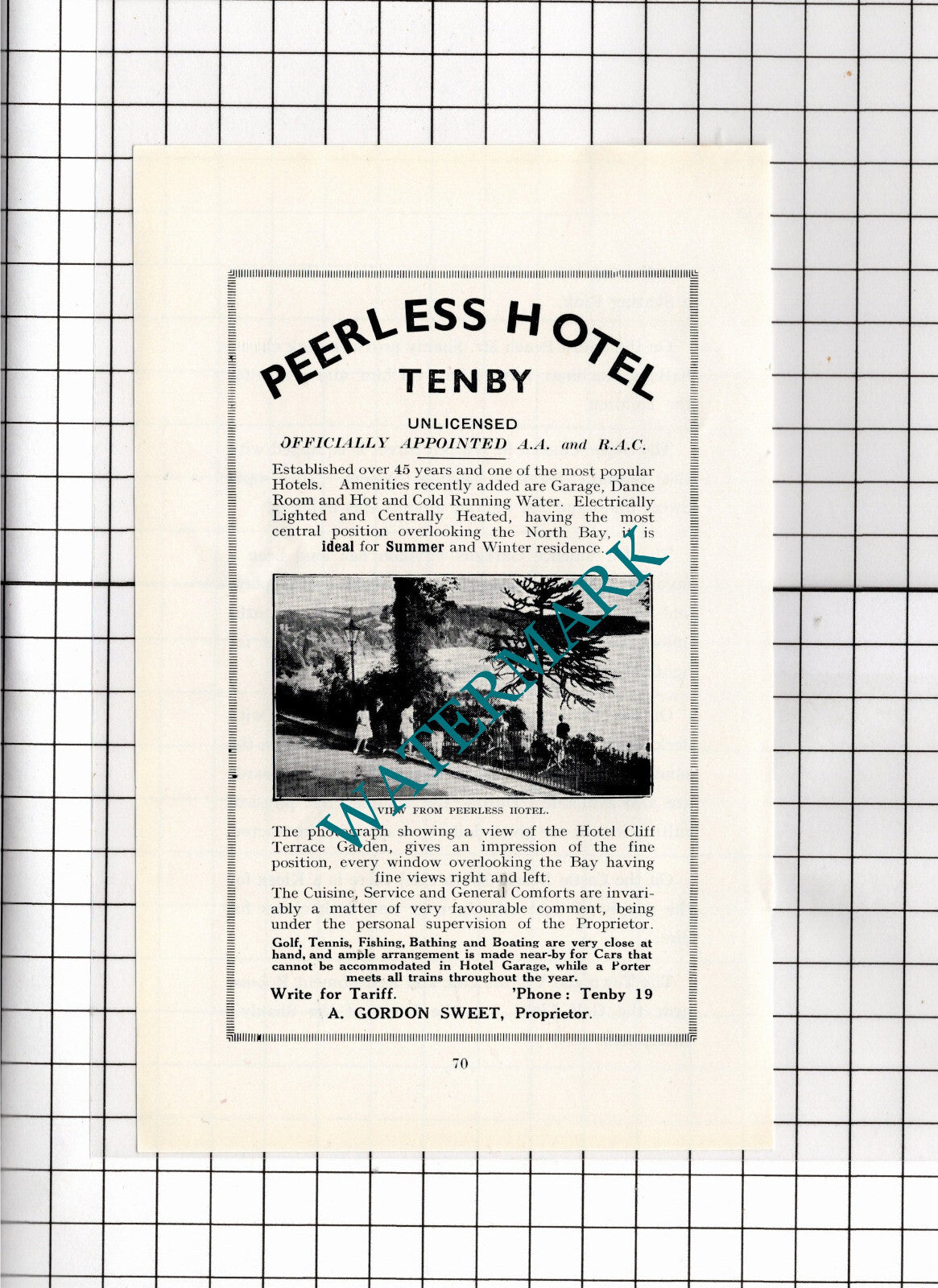 Peerless Hotel Tenby Wales Gordon Sweet Small ADVERT - 1936 Clipping
