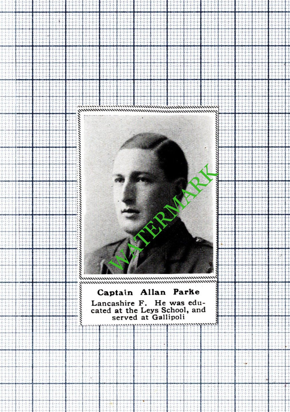 Captain Allan Parke Lancashire Fusiliers Leys School - c.1918 Small Cutting