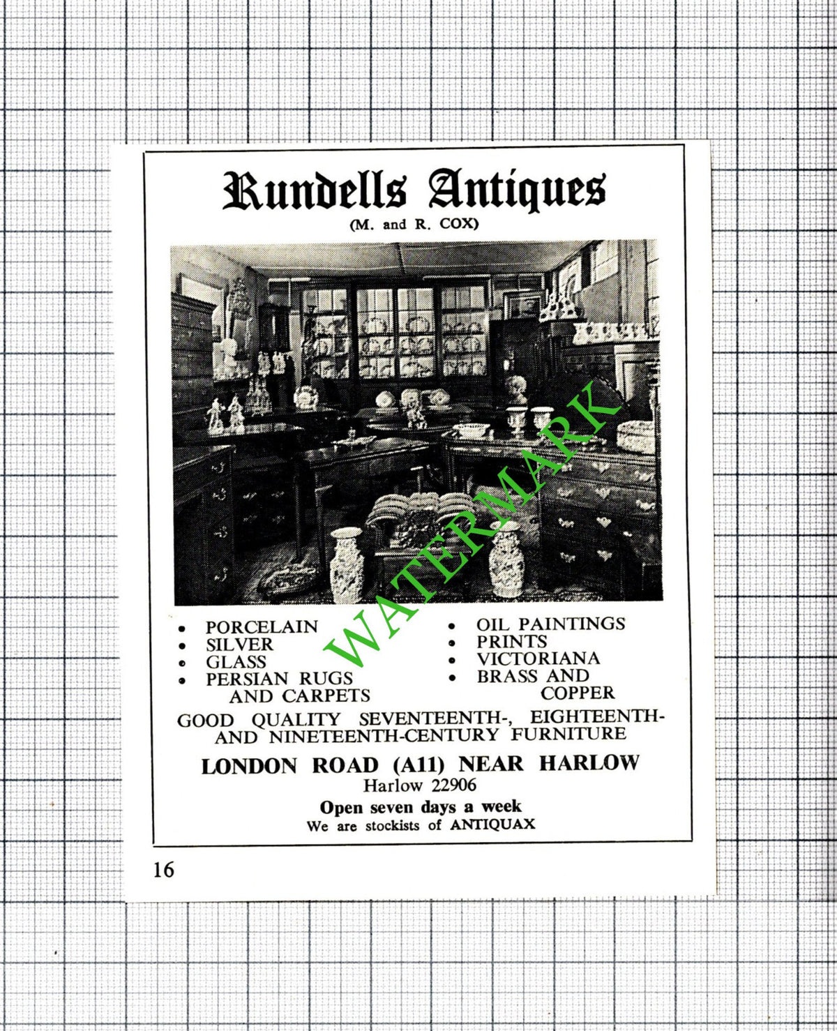 Rundells Antiques Harlow Essex R Cox Small Advert - 1968 Cutting