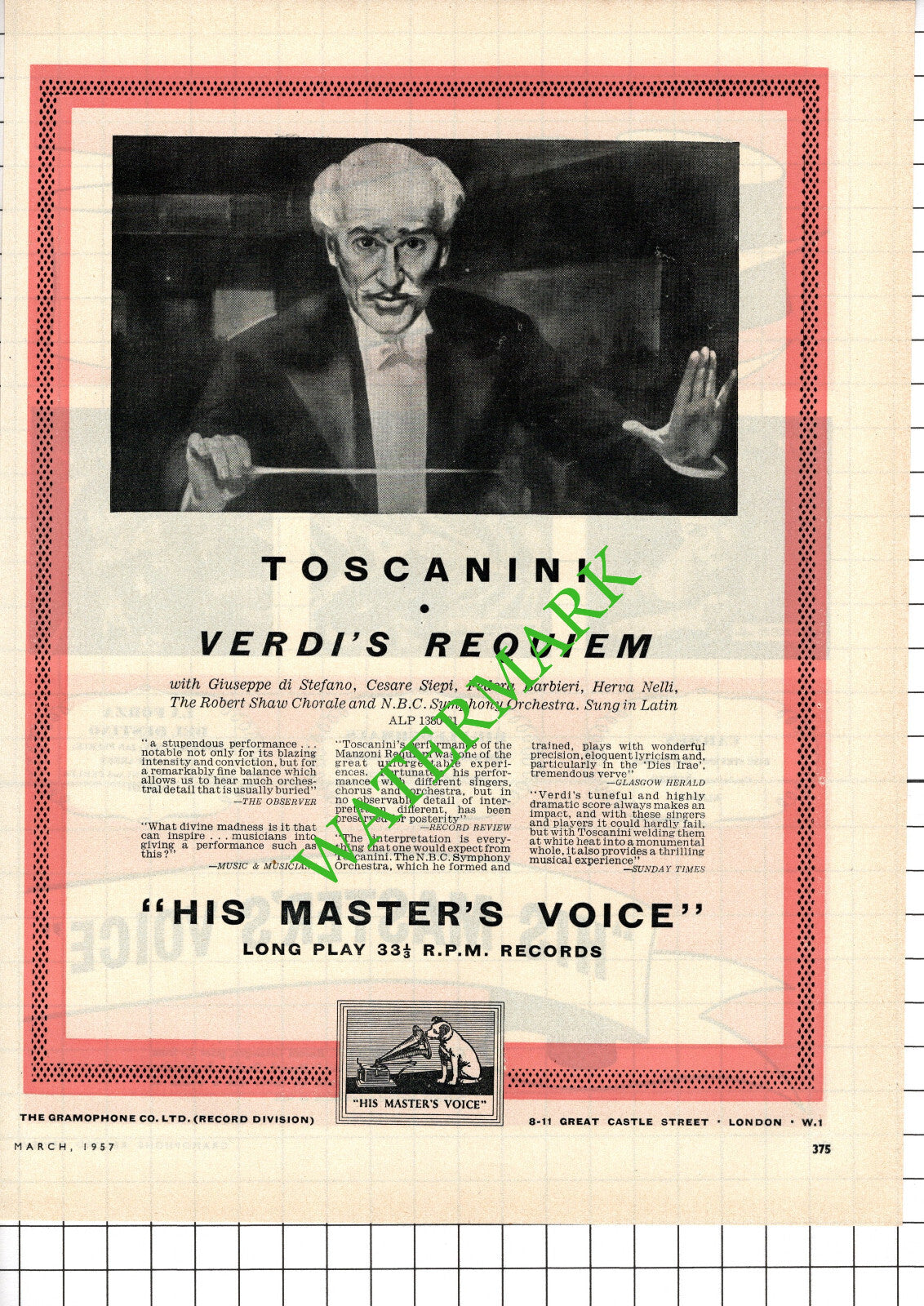 HMV Toscanini Advert - 1957 Cutting