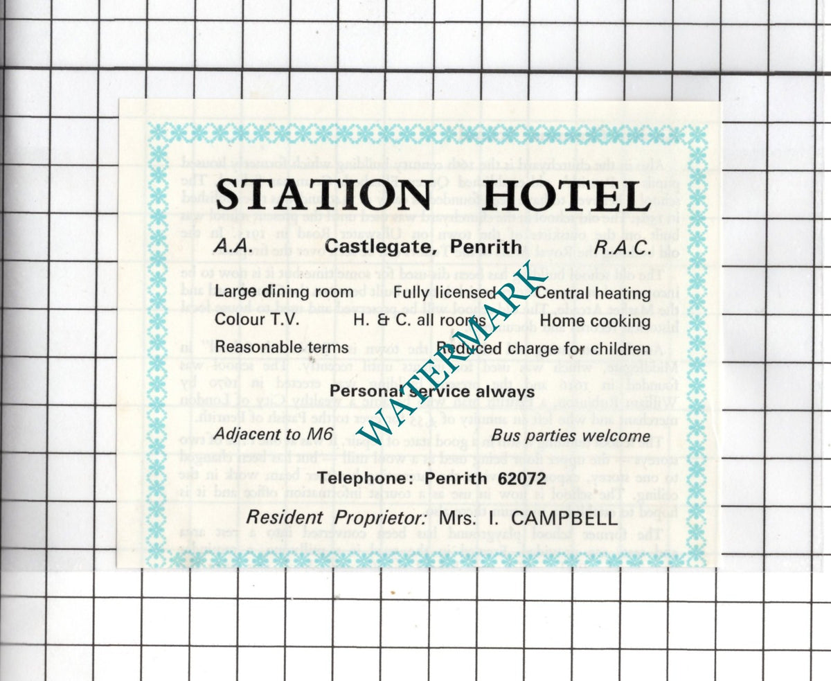 Station Hotel Castlegate Penrith Cumbria Mrs I Campbell - c.1975 SMALL Advert