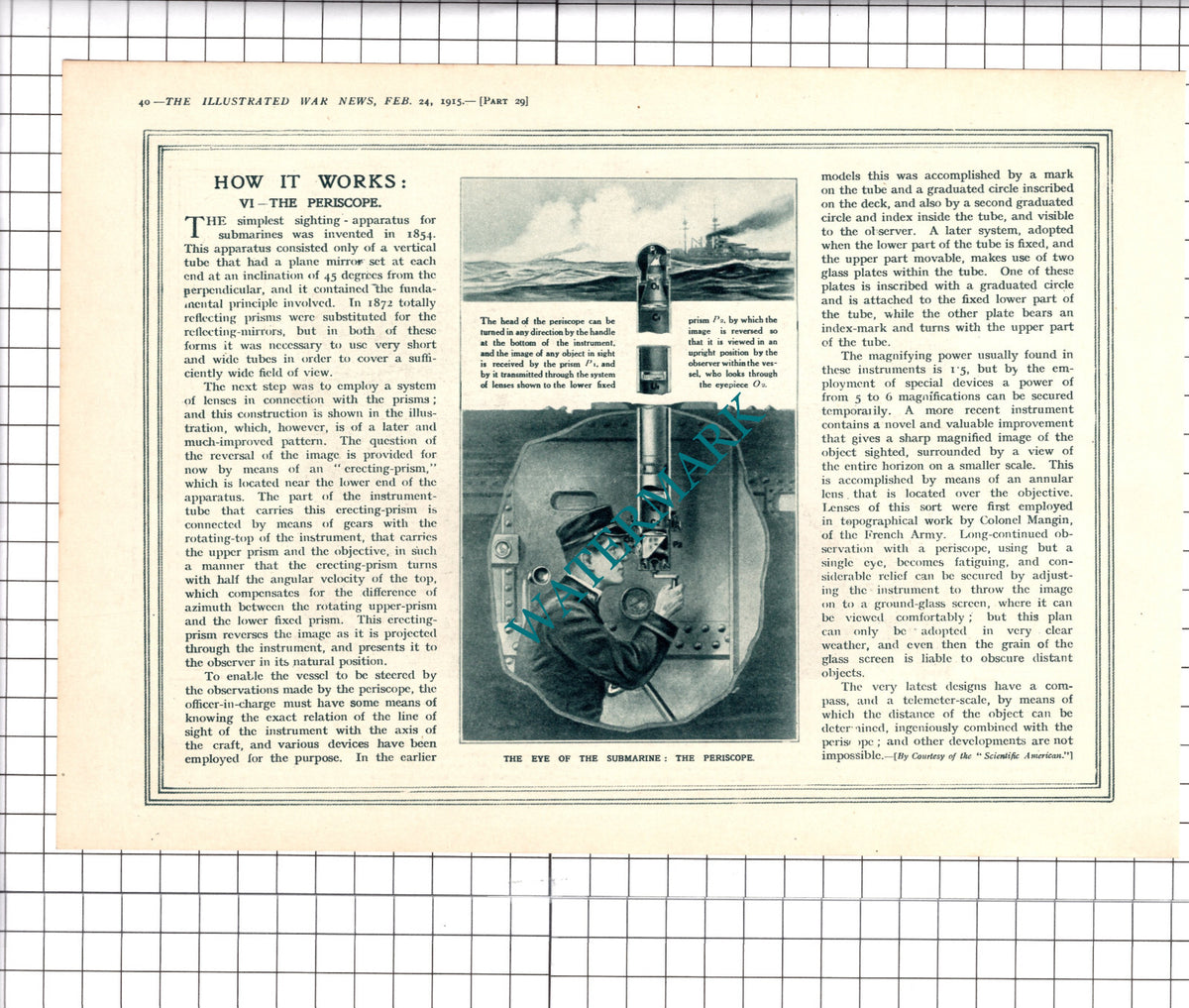 How The Periscope Works Great War WW1 - 1915 Clipping / Print