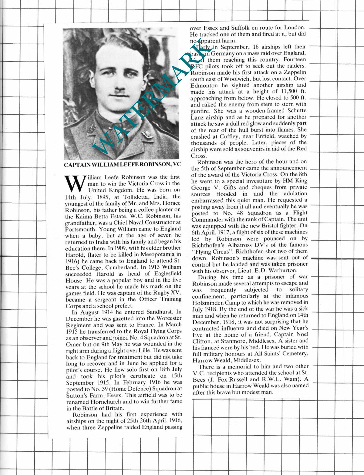 Captain William Leefe Robinson - 1980 Cutting / Print