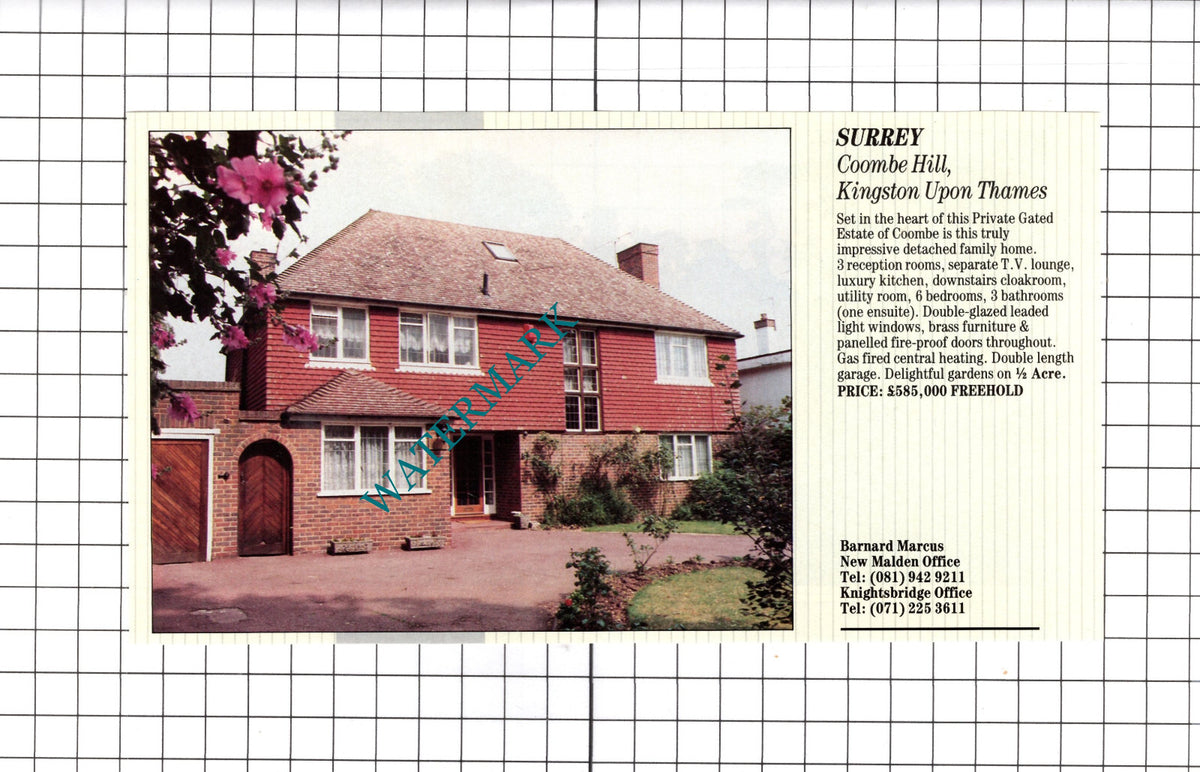 Coombe Hill Kingston Upon Thames Surrey House Sale Advert - 1991 Clipping
